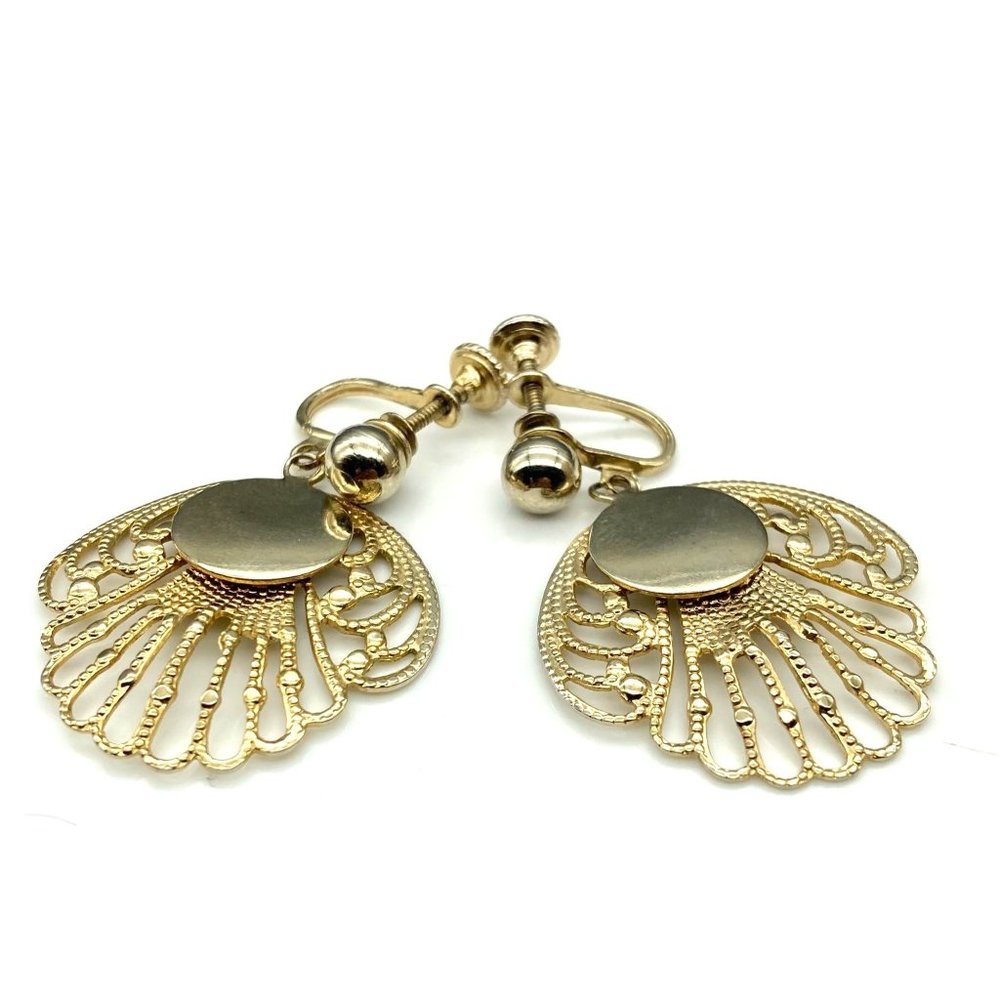 Vintage Filigree Plume Earrings, Lacy Gold Tone Art Deco Clip Ons